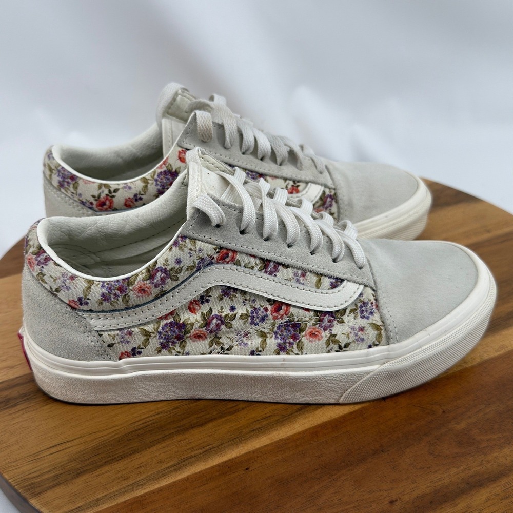 Vans Old Skool Sneakers Womens 6.5 Cream Floral Suede Canvas Low Top Skate Shoes